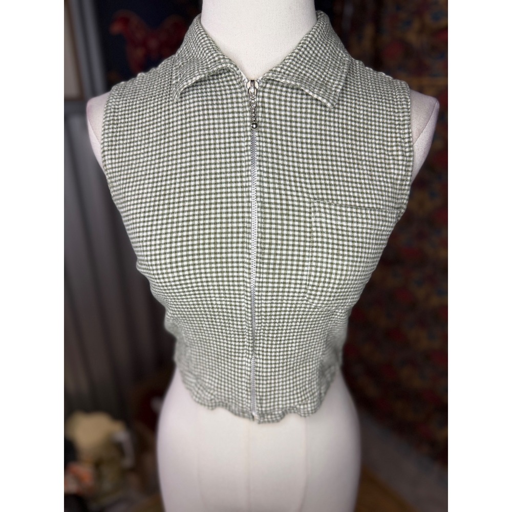 Quizz Jeans Vintage Sage Green Gingham Zip Up Sleeveless Crop Top Small Retro